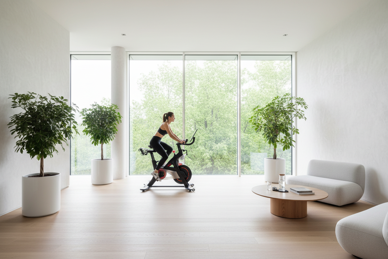 generate an image of a mdoern architectural clean welness home rome where a woman is riding a stationarty bike